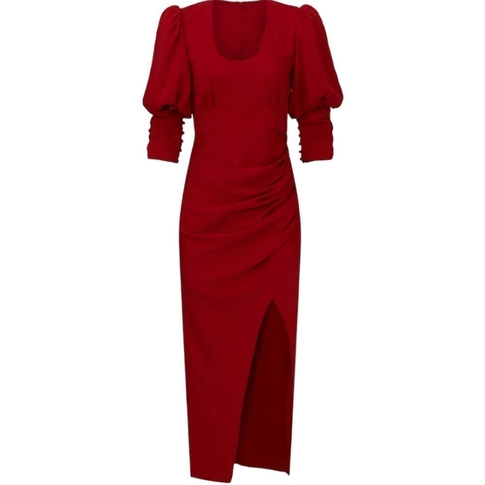 Self-Portrait Red Ruched Midi Dress - Picture 2 of 9